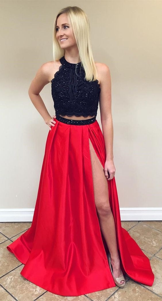 A Line Satin Red With Black High Neck Two Pieces Prom Dress