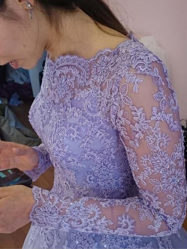 A Line Lavender Long Sleeves Prom Dress With Appliques 2025
