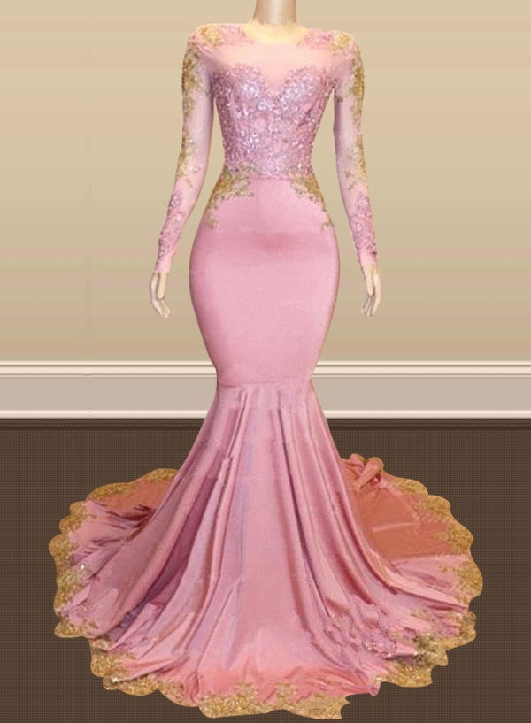 2025 Pink Long Sleeves Mermaid Round Neck Long Prom Dress With Gold Appliques