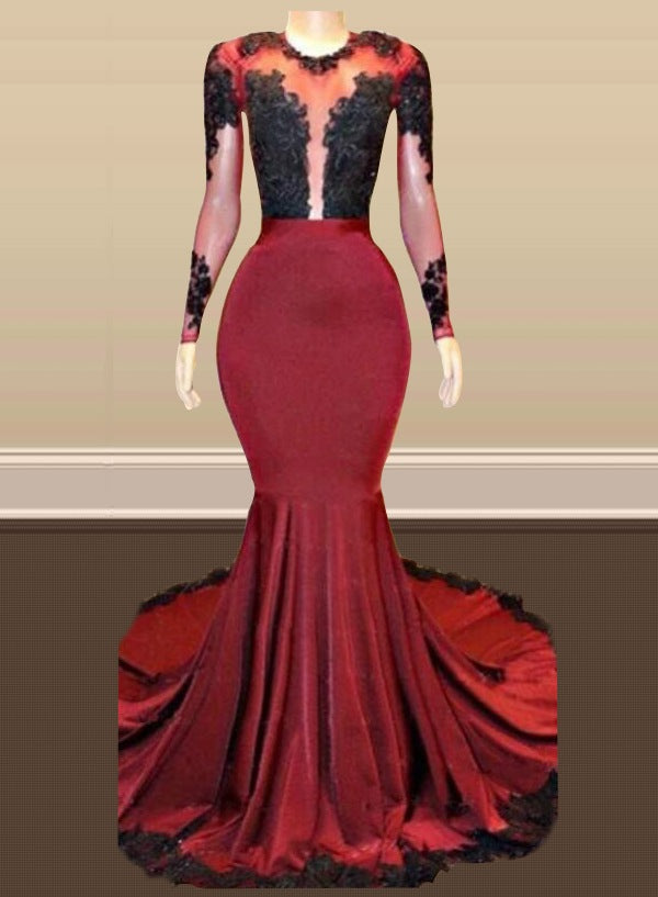 2025 Mermaid Burgundy With Black Appliques Long Sleeves Backless Long Prom Dress