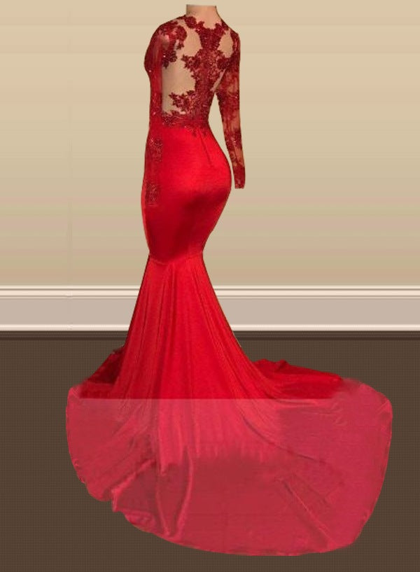 2025 Red Sheath Silk Like Satin Long Sleeves Prom Dress With Appliques