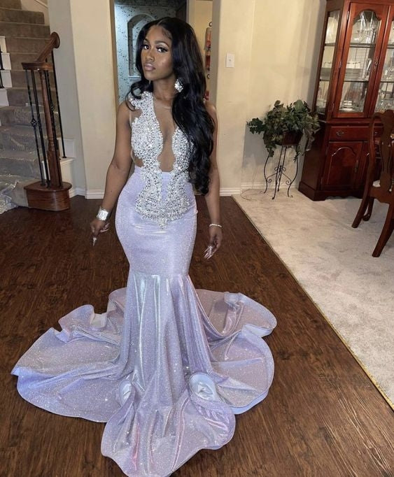 2025 Sheath Lilac Beaded Sequence Long Prom Dress