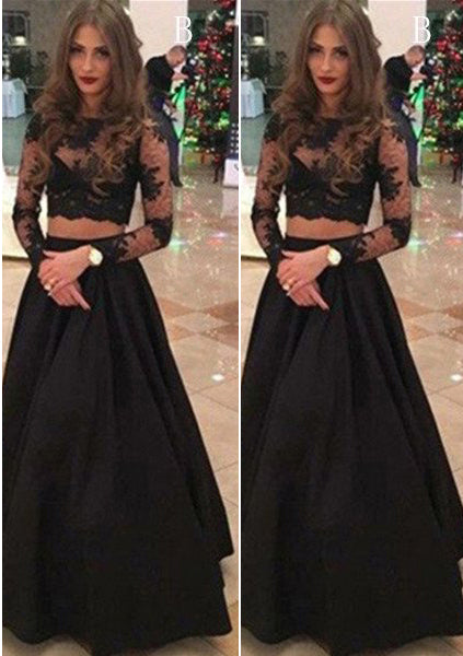 2025 A Line Satin Black Long Sleeves Lace Two Pieces Prom Dress
