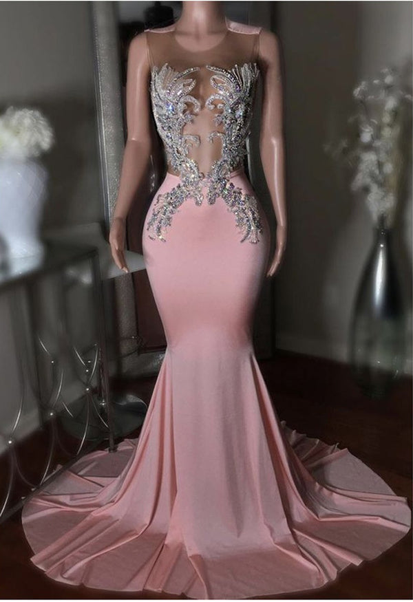 Sheath Pink Elastic Satin Beaded Long Round Neck Prom Dress 2025