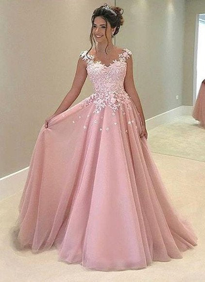 A Line Tulle With Appilques Blush Pink Long Prom Dress 2025
