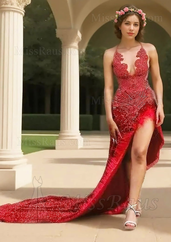 Red Sheath Sequence Halter Side Slit Long Prom Dress