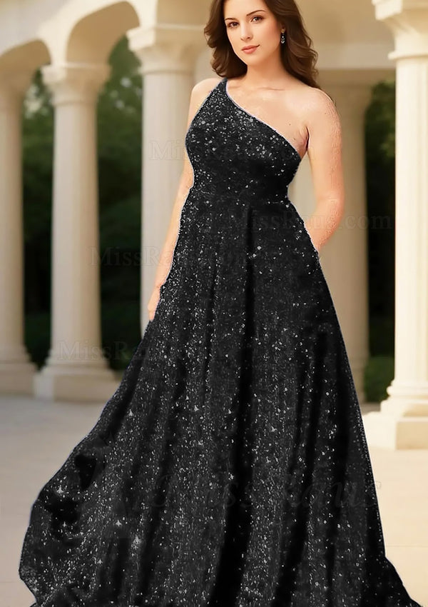 A Line Black Sequence One Shoulder Plus Size Long Prom Dress