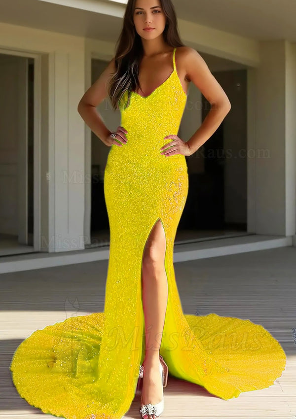 Long Sheath Sequence Sweetheart Yellow Side Slit Prom Dress