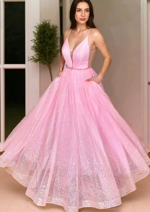 A Line Pink Sweetheart Sequence Halter Long Prom Dress