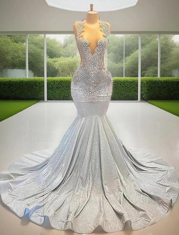 Silver Mermaid Round Neck Beaded Sequence Long Prom Dress
