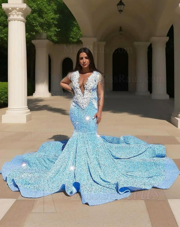 Mermaid Light Sky Blue Sequence V Neck Long Prom Dress With Appliques