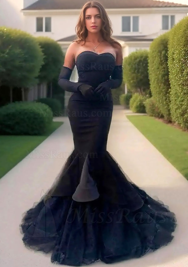 Black Sweetheart Mermaid Tulle Long Prom Dress With Ruffles