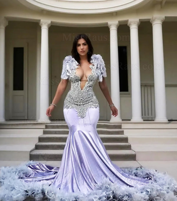 Long Mermaid Lavender Elastic Satin Beaded Prom Dress With Feathers