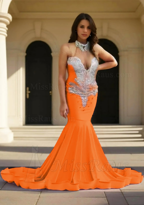 Mermaid Orange High Neck Beaded Matte Satin Long Prom Dress With Diamonds