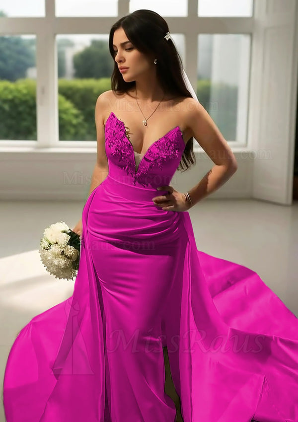 Mermaid Sweetheart Satin Sheath Fuchsia Long Prom Dress With Appliques