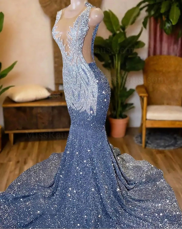 Grey Sequence Sheath Sequence Round Neck Prom Dress With Diamonds