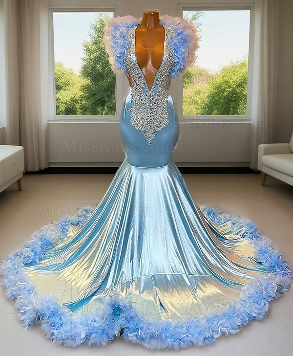 Light Sky Blue Elastic Satin V Neck Sheath Beaded Long Prom Dress With Feathers