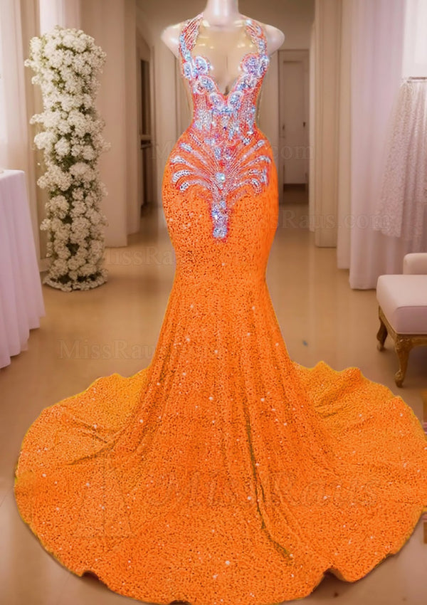Orange Mermaid Sequence Beaded Long Prom Dress With Diamonds And Mesh