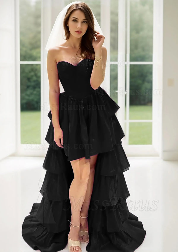 A Line Black Taffeta Sweetheart Tiered High Low Prom Dress