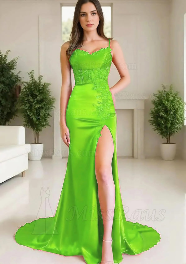 Lime Green Sheath Elastic Satin Side Slit Sweetheart Long Prom Dress With Appliques