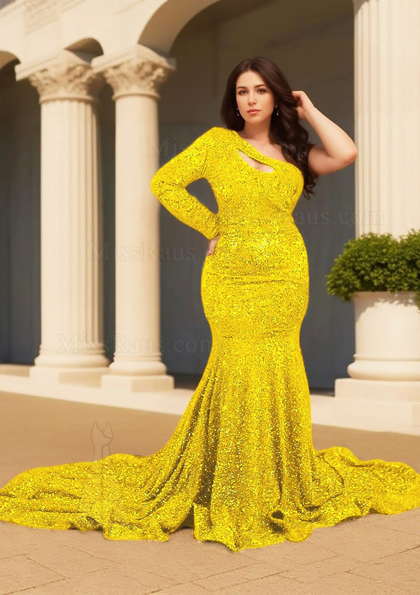 Yellow One Shoulder Sequence Mermaid Long Prom Dress With Long Sleeves