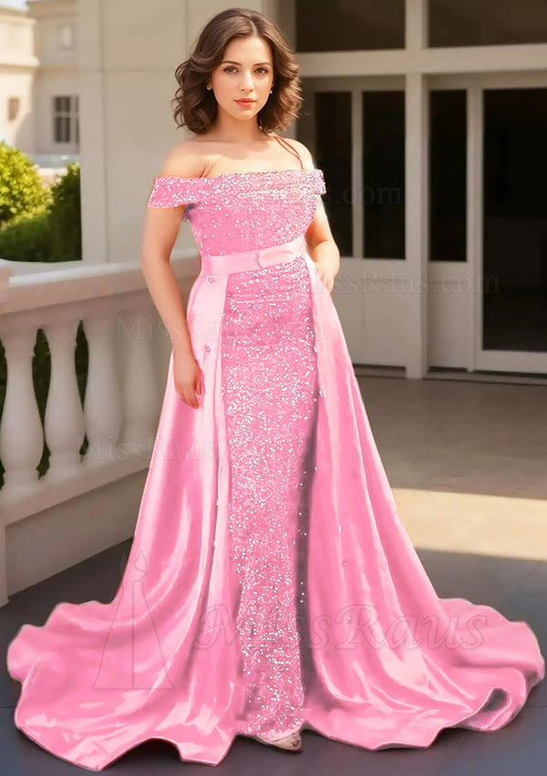 Pink Sheath Off Shoulder Sequence With Detachable Train Long Prom Dress