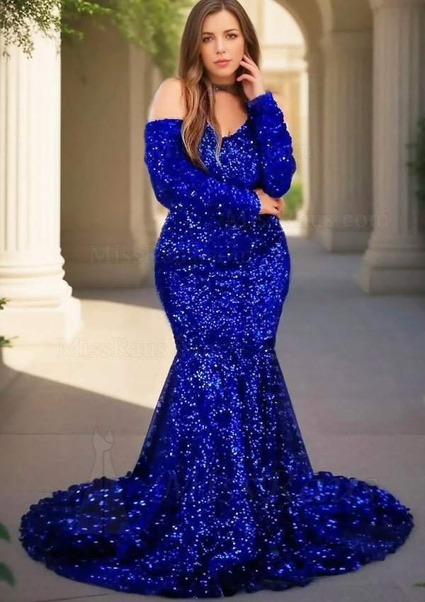 Royal Blue Mermaid Sequence Long Sleeves Key Hole Long Prom Dress