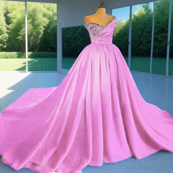 Pink Satin Off Shoulder Sweetheart Ball Gown Prom Dress With Beads