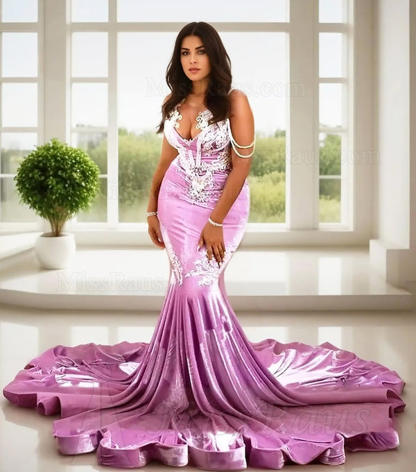 Pink Velvet Mermaid Round Neck Long Prom Dress With Appliques