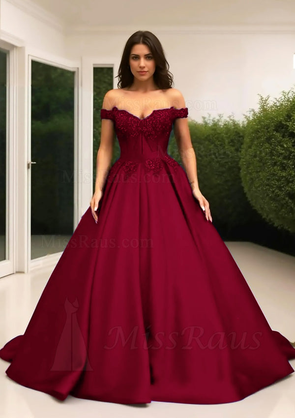 A Line Sweetheart Off Shoulder Burgundy Satin Long Prom Dress With Appliques