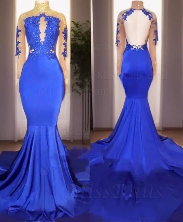 Royal Blue Mermaid Long Sleeves High Neck Long Prom Dress With Gold Appliques
