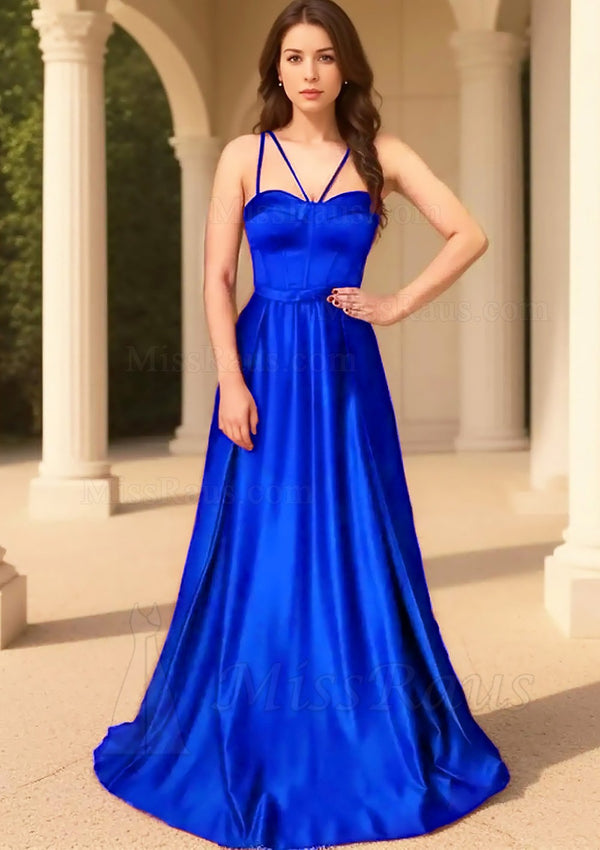 A Line Satin Sweetheart Royal Blue Halter Long Prom Dress