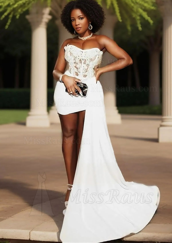 Sheath White Sweetheart Matte Satin Knee Length Short Prom Dress/Homecoming Dress With Appliques