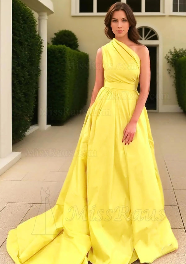 A Line Satin One Shoulder Yellow Long Prom Dress