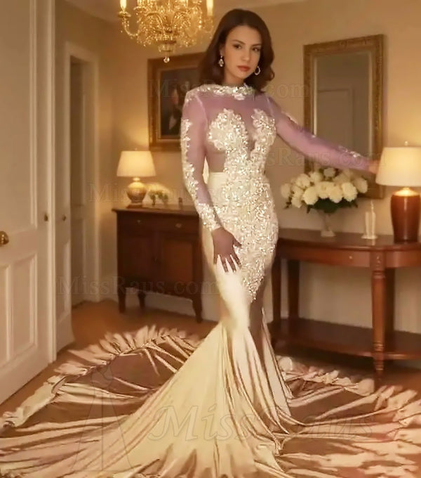 Mermaid Elastic Satin Champagne Long Sleeves Prom Dress With Appliques