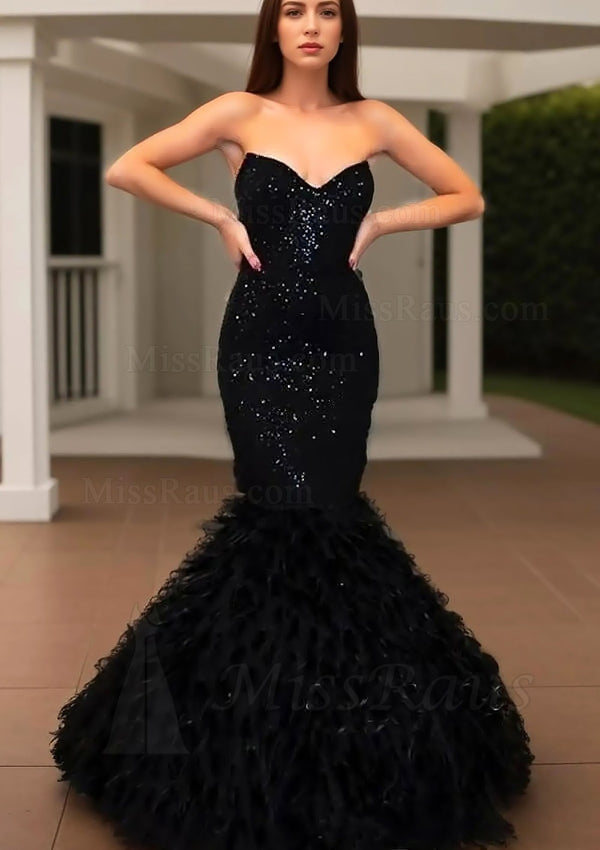 Black Mermaid Sequence Sweetheart With Tulle Ruffles Long Prom Dress