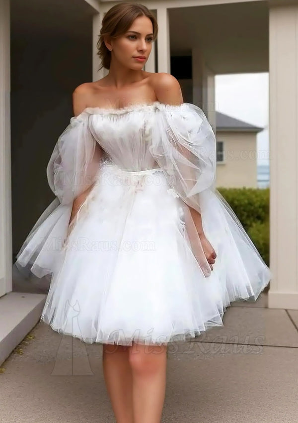 White Long Sleeves Off Shoulder Knee Length Tulle Short Prom Dress/Homecoming Dress