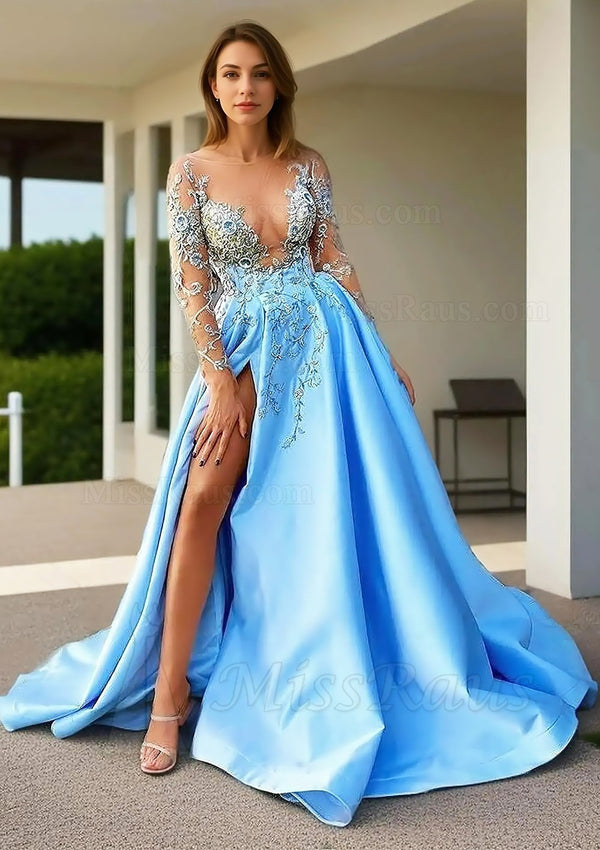 A Line Blue Long Sleeves Satin Side Slit Round Neck Long Prom Dress With Appliques