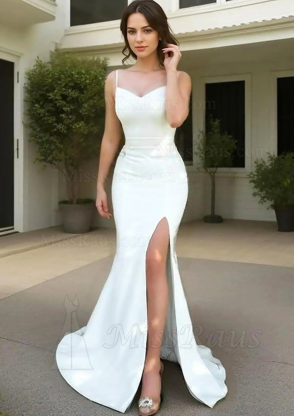 White Sweetheart Satin Side Slit Sheath Long Prom Dress With Straps