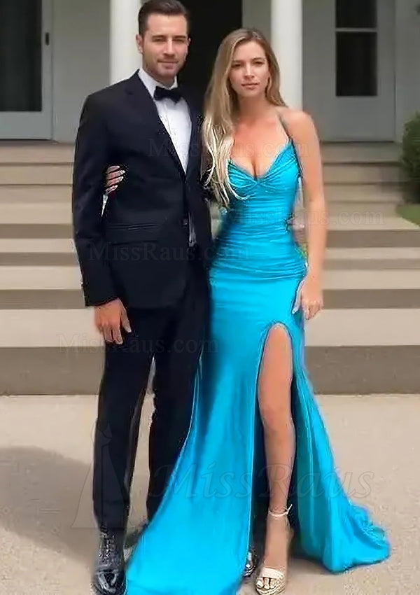 Lake Blue Elastic Satin Halter Side Slit Long Prom Dress With Pleats