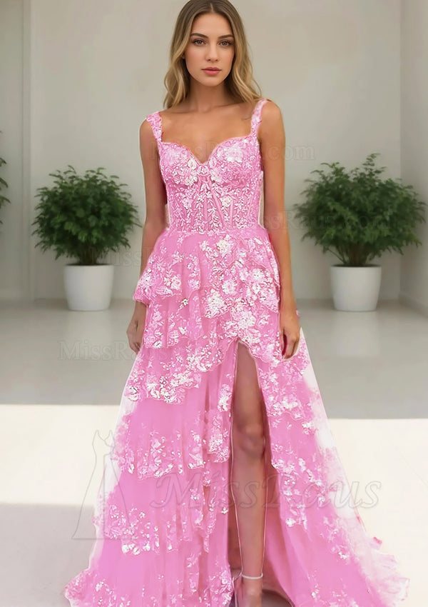Pink A Line Sweetheart Tulle With Side Slit Lace Long Prom Dress