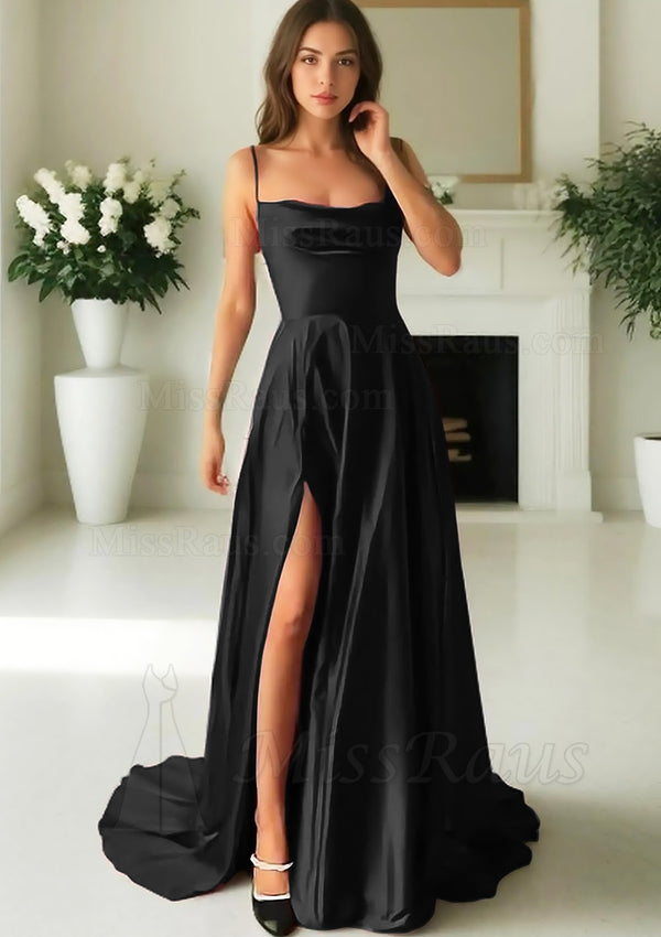 A Line Black Halter Elastic Satin Side Slit Long Prom Dress