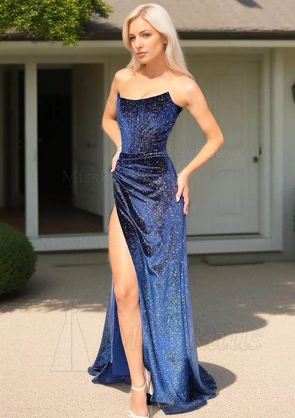 Blue Sheath Strapless Side Slit Sequence Long Prom Dress With Ruched