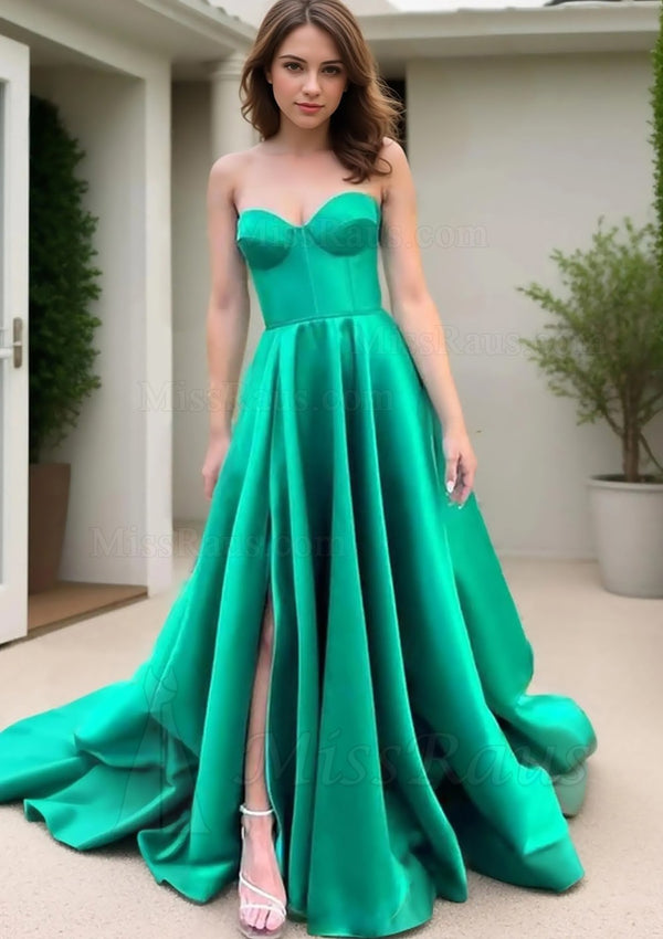 A Line Sweetheart Satin Emerald Side Slit Long Prom Dress