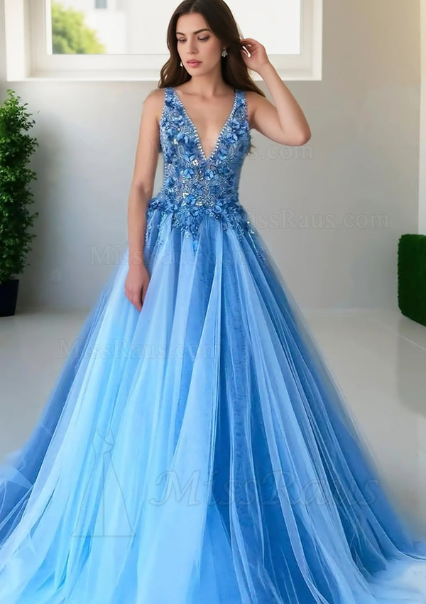 A Line Blue V Neck Beaded With Appliques Tulle Long Prom Dress