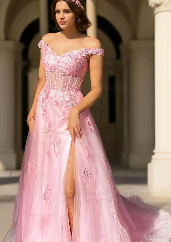 A Line Pink Off Shoulder Side Slit Tulle With Appliques