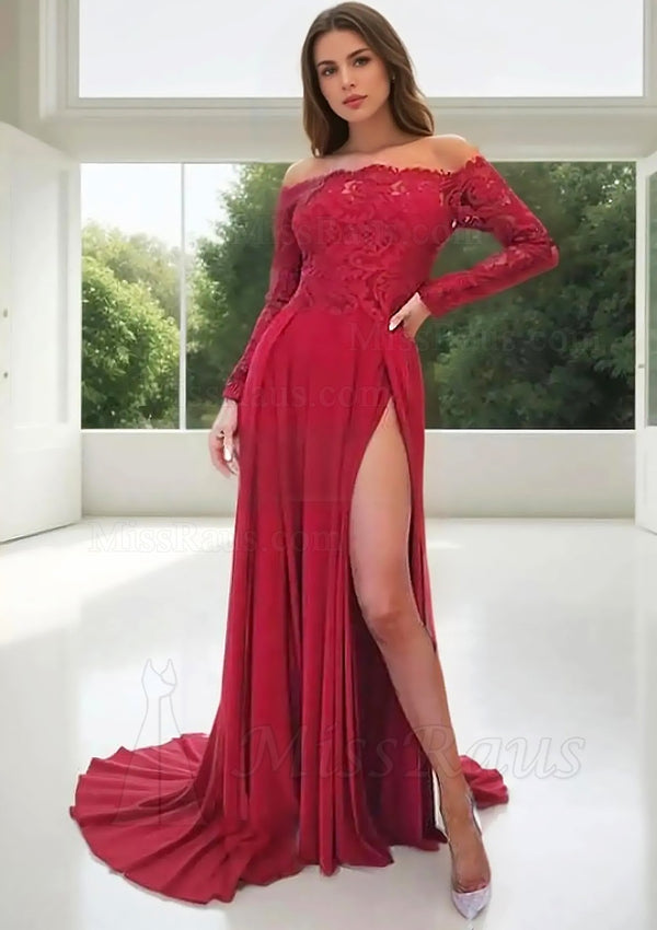 Long Sleeves A Line Off Shoulder Side Slit Lace Burgundy Prom Dress