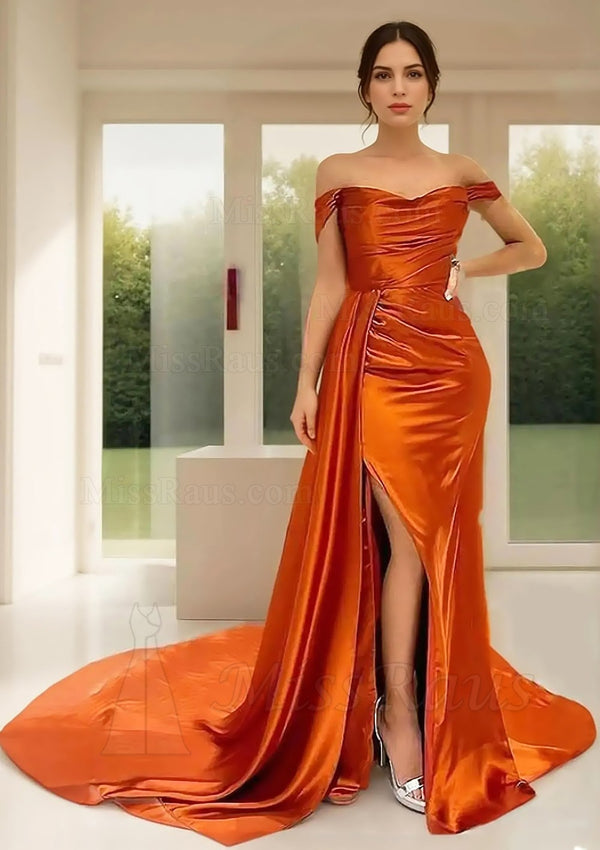 Orange Sheath Off Shoulder Elastic Satin Side Slit Long Prom Dress