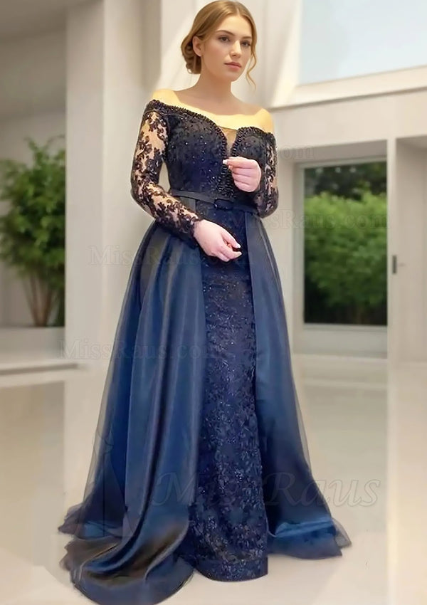 Black Long Sleeves Off Shoulder Sheath Lace Long Prom Dress