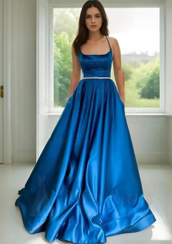 A Line Bateau Royal Blue Satin Long Prom Dress With Beads